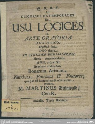 Ad discursus extemporales de usu logices in arte oratoria analytico ... invitat