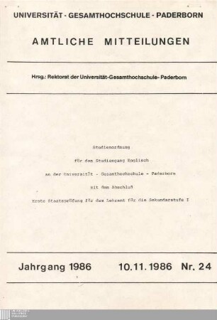 Studienordnung für den Studiengang Englisch an der Universität - Gesamthochschule - Paderborn mit dem Abschluß Erste Staatsprüfung für das Lehramt für die Sekundarstufe I : 10.11.1986