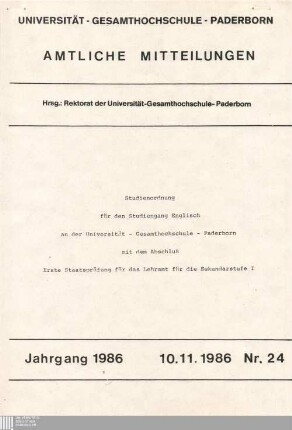 Studienordnung für den Studiengang Englisch an der Universität - Gesamthochschule - Paderborn mit dem Abschluß Erste Staatsprüfung für das Lehramt für die Sekundarstufe I : 10.11.1986