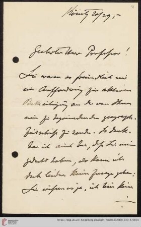 Nachlass Alfred Hettner, Eingegangene Briefe, Korrespondenz Wilhelm Reiss/Alfred Hettner: Brief von Wilhelm Reiss an Alfred Hettner