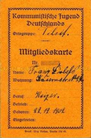 Mitgliedsausweis der Kommunistischen Jugend Deutschlands