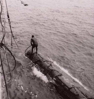 Holzverladen im Hafen von Sassandra : Sassandra (Elfenbeinküste), Arbeiter beim Holzverladen im Reedehafen, um 1960