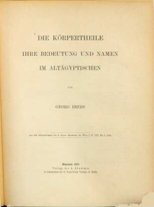 Die Körpertheile, ihre Bedeutung und Namen im Altägyptischen