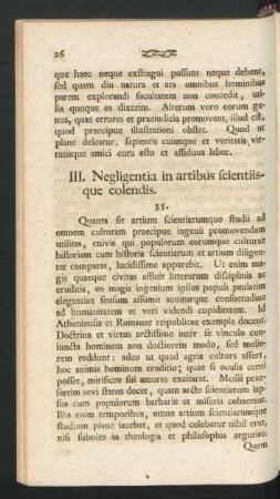 III. Negligentia in artibus scientiisque colendis.