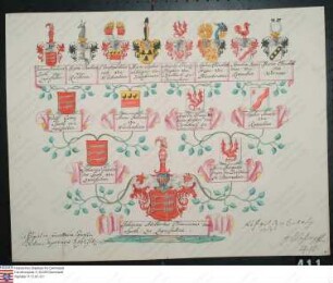 Ahnenprobe des Johann Albert Franz v. Specht z. Zwiefalten. - ausgefertigt 1767 Pergament, I. bis IV. Generation