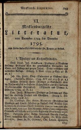 VI. Mecklenburgische Litteratur, vom December 1794 bis December 1795