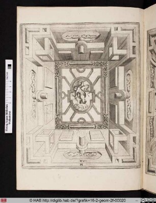 Perspektivische Deckendekoration mit Putto und Palmwedel.