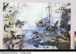 Konstruktive Küstenlandschaft mit Boot, zwei Fischen und Häusern