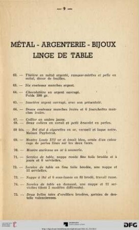 Métal - Argenterie - Bijoux - Linge de table (Nr. 62-75)