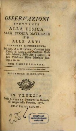 Osservazioni spettanti alla fisica, alla storia naturale ed alle arti. 1771, Sep.