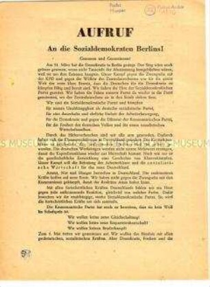 Aufruf der SPD Berlin nach der Ablehnung der Vereinigung mit der KPD bei der Urabstimmung