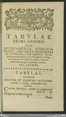 Tabulae Primi Ordinis Quae Medicamenta Simplicia Cruda, Nec Minus Praeparata Et Composita, Tam Chymica, Quam Pharmaceutica, Eaque Selectiora, Aut Magis Tamen Usitata, Secundum Principia Activa Disposita, Exhibent