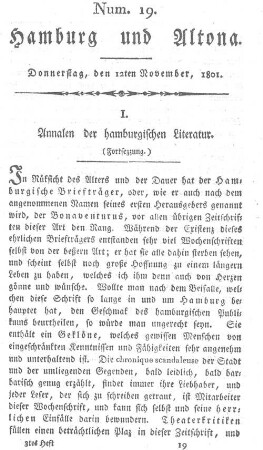 I. Annalen der hamburgischen Literatur. (Fortsezzung.)
