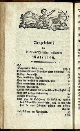 Verzeichniß der in diesem Büchelgen enthaltnen Materien.