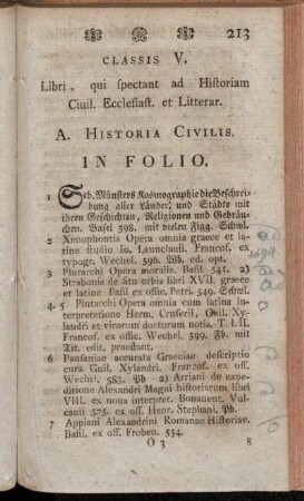 Classis V. Libri, qui spectant ad Historiam Civil. Ecclesiast. et Litterar.