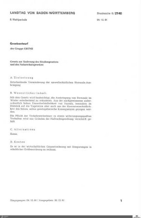 Gesetzentwurf der Grünen zur Änderung des Straßengesetzes und Naturschutzgesetzes