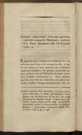 Examen integritatis duorum priorum capitum evangelii Matthaei, auctore Ioh. Frid. Schmidio AA. M. Lipsae 1791. 4.