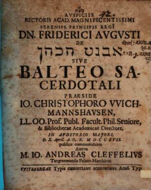 De Avnēṭ hak-kohēn sive balteo sacerdotali