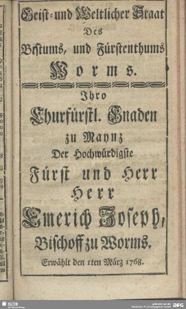 Geist- und Weltlicher Staat des Bistums, und Fürstenthums Worms