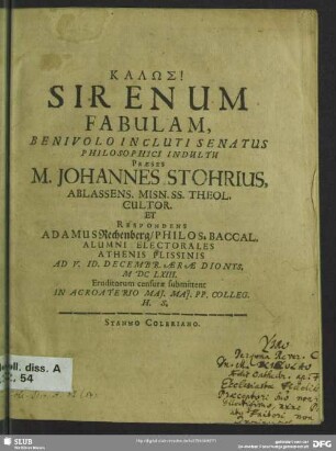 Sirenum Fabulam, Benivolo Incluti Senatus Philosphici Indultu