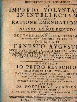 Dissertatio Philosophica De Imperio Volvntatis In Intellectvm Speciatim Ratione Emendationis Ex Natvra Animae Dedvcto