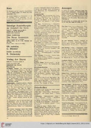Notiz / Ständige Ausstellungen / Zehnte Ausstellung Die Neue Sezession / Elfte Ausstellung G. Münter / Zwölfte Ausstellung R. Delaunay / Verlag der Sturm / Zeitschriften / Anzeigen