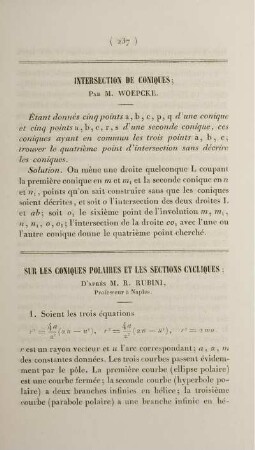 Sur les coniques polaires et les sections cycliques.
