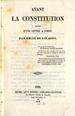 Avant la constitution précédé d'une lettre a Timon
