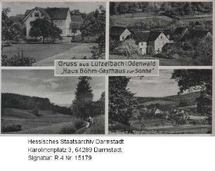 Lützelbach im Odenwald, Gasthaus und Pension 'Haus-Böhm-Gasthaus Zur Sonne' / zwei Ansichten des Gasthauses und zwei Panoramen von Lützelbach