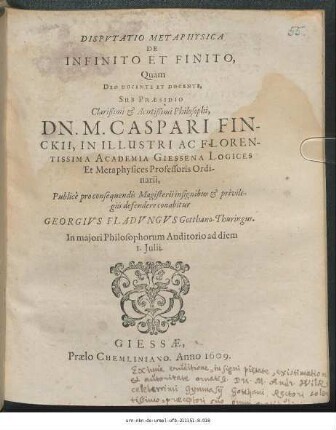 Disputatio Metaphysica De Infinito Et Finito