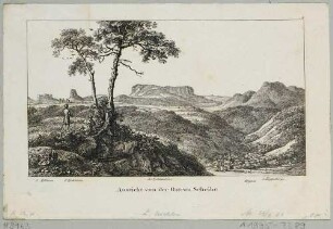 Aussicht von der Hochebene Ostrauer Scheibe in der Sächsischen Schweiz, nordöstlich von Schandau (Bad Schandau), mit Blick auf Krippen und die umliegenden Berge, aus den "30 Mahlerischen An- und Aussichten von Dresden ..."