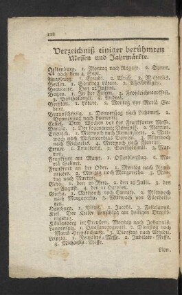 Verzeichniß einiger berühmten Messen und Jahrmärkte.