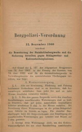 Bergpolizei-Verordnung vom 12. December 1900 ...