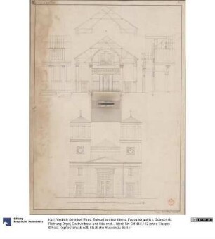 Rees. Entwurf zu einer Kirche. Fassadenaufriss, Querschnitt Richtung Orgel, Dachverband und Säulenstellung, Klappe der Orgelempore
