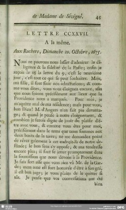 Lettre CCXXVII. A la même. Aux Rochers, Dimanche 20. Octobre, 1675