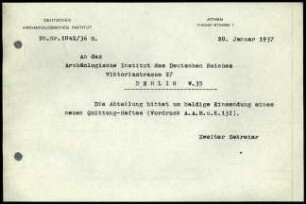 Schreiben (Abschrift); DAI Athen an AIDR (Quittungsheft)