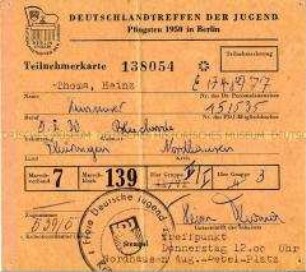 Teilnehmerkarte für das "Deutschlandtreffen der Jugend" 1950