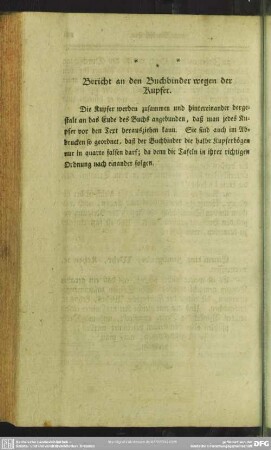 Bericht an den Buchbinder wegen der Kupfer