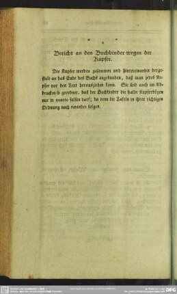 Bericht an den Buchbinder wegen der Kupfer