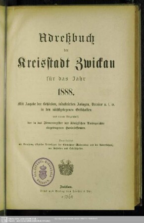 1888: Adreßbuch der Kreisstadt Zwickau