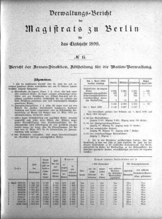 No. 15. Bericht der Armen-Direktion, Abtheilung für die Waisen-Verwaltung