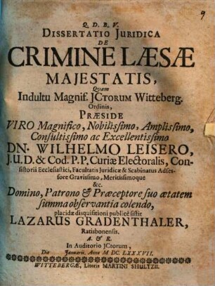 Dissertatio juridica de crimine laesae majestatis