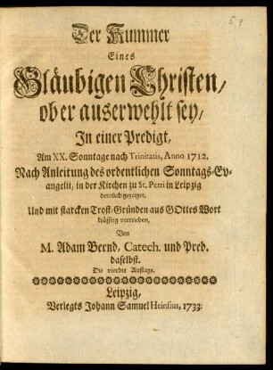 Der Kummer eines Gläubigen Christen, ob er auserwehlt sey ...