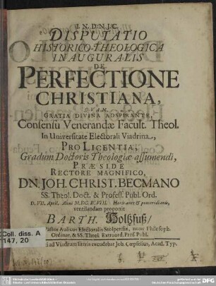Dissertatio historico-theologica inauguralis de perfectione Christiana