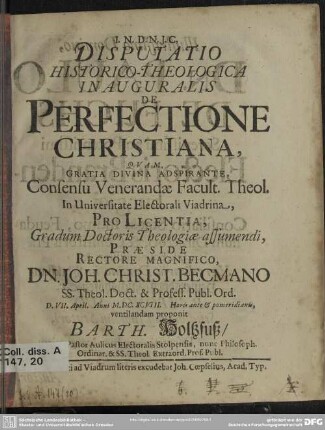 Dissertatio historico-theologica inauguralis de perfectione Christiana