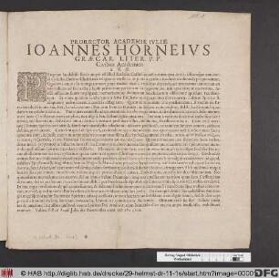 Prorector Academiae Iuliae Joannes Horneius Graecar. Liter. P.P. Civibus Academicis S.P.D.