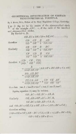 Geometrical investigation of certain trigonometrical formulae.