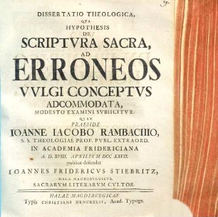 Dissertatio Theologica, Qva Hypothesis De Scriptvra Sacra, Ad Erroneos Vvlgi Conceptvs Adcommodata, Modesto Examini Svbiicitur