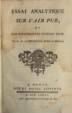 Essai analytique sur l'air pur, et les différentes espèces d'air