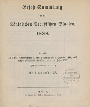 1888: Gesetzsammlung für die Königlich-Preußischen Staaten